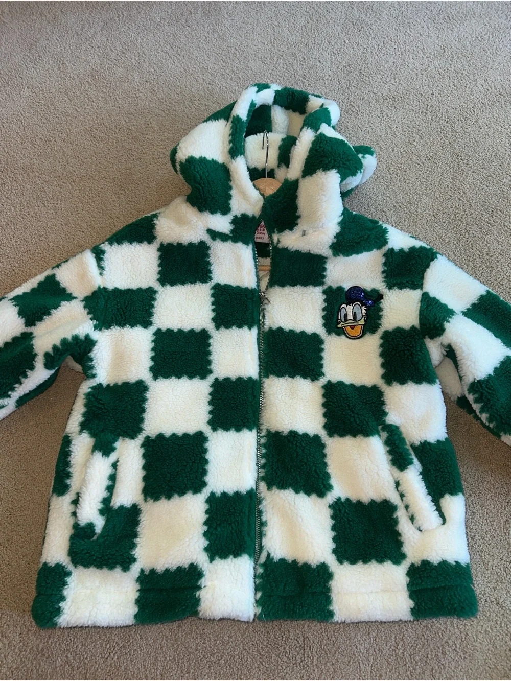 Disney green white checked fleece Donald Duck jacket